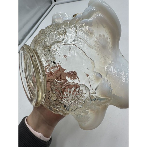 Fenton Handle Basket Bowl with Ruffled Edge Floral Pattern Opalescent Vintage - Picture 7 of 9